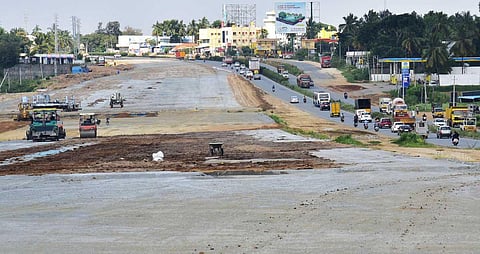 Road widening work under way on B’luru-Mysuru Highway. (Photo | Vinod Kumar T, EPS)