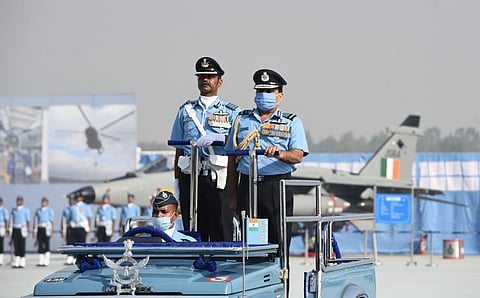 Air Chief Marshal RKS Bhadauria inspecting the guard of honour during the 88th Airforce Day celebration in Hindon airbase. (Photo | Parveen Negi, EPS)