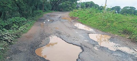 The dilapidated stretch of road between Pattamundai and Rajnagar. (Photo | EPS)