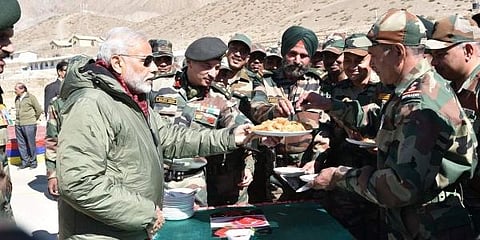 File photo of PM Modi celebrating Diwali with soldiers in a strategic area in Himachal Pradesh (Photo | PM Twitter handle)