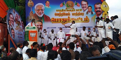 e Vel Yatra rally near New Bus Stand in Villupuram. (Photo | Krithika Srinivasan, EPS)