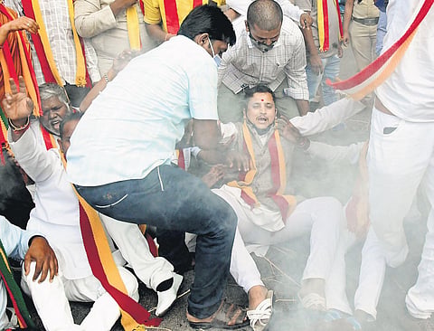 Members of various pro-Kannada groups protest against the state government’s decision to sanction `50 crore for the newly-formed Maratha Welfare Board. The protest was held at Mysuru Bank Circle, Ben