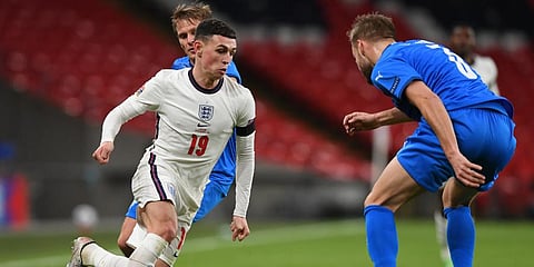England's Phil Foden controls the ball during the UEFA Nations League match against Iceland at Wembley stadium in London. (Photo | AP)
