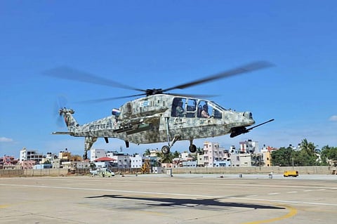 IAF Chief of Air Staff Air Chief Marshal Rakesh Kumar Singh Bhadauria during a sortie in the indigenous Light Combat Helicopter. (Photo | PTI)