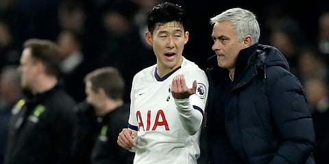 Tottenham's manager Jose Mourinho, right, talks with his player Tottenham's Son Heung-min. (Photo | AP)