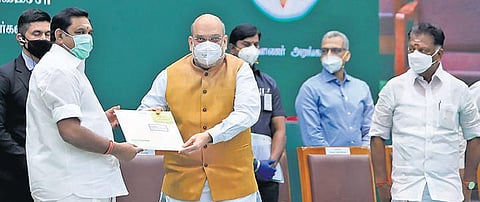 Chief Minister Edappadi K Palaniswami handing over various demands of the State to Union Home Minister Amit Shah on Saturday | P JAWAHAR