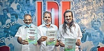 Transport Minister A K Saseendran, CPM state secretary in-charge A Vijayaraghavan and CPI leader Pannyan Raveendran releasing the election manifesto for the LSG poll in Thiruvananthapuram on Monday