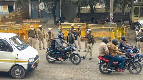 Tight security arrangements on a Singhu-Narela border ahead of the scheduled farmers protest march to Delhi. (Photo | PTI)