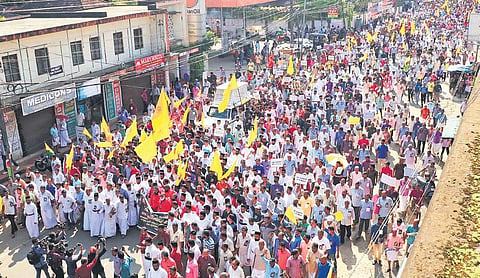 Members of the Jacobite faction marching to Devalokam Bishop’s Palace, the Orthodox Syrian Church headquarters, in Kottayam. (File photo | EPs/Vishnu Prathap)