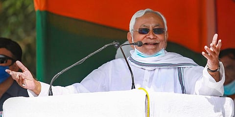 Bihar CM Nitish Kumar addresses a gathering during an election meeting. (Photo | PTI)