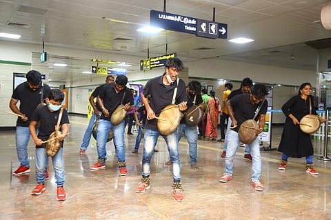 The crew played folk art at the Airport Metro Station leaving the public enthralled. (File Photo)