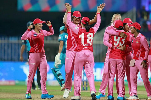 The Trailblazers players celebartes after won the match during the final of the Women's T20 Challenge 2020 against Supernovas in UAE. (Photo | IPLT20/BCCI)