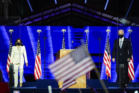 President-elect Joe Biden joins Vice President-elect Kamala Harris on stage Saturday, Nov. 7, 2020, in Wilmington, Delaware. (Photo | AP)