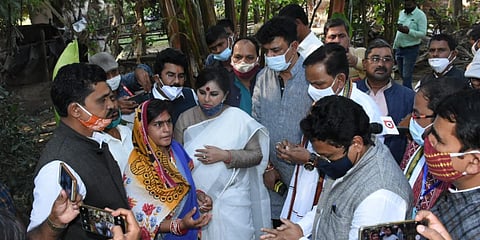 Odisha BJP leader Pradipta Naik meets the parents of Nayagarh minor murder victim. (Photo| Twitter/ @pradiptanaikbjp)