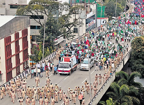 Farmers recently took out a rally from KSR Railway Station to Freedom Park in Bengaluru, protesting against the farm laws of the Centre and State | Express