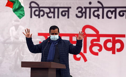 Chief Minister Arvind Kejriwal addresses during a day-long hunger strike to support farmers who are protesting against the new farm laws in Delhi. (Photo | Express)