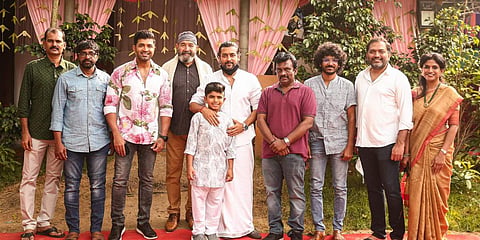 Arun Vijay (3rd from left), Suriya (C) with the crew of the movie. (Photo| Cinema Express)