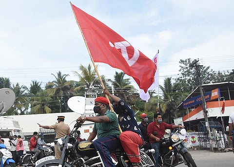 LDF workers celebrating in front of counting centre at Mar Ivanious Nalanchira in Thiruvananthapuram. (Photo | Deepu BP, EPS)