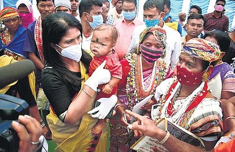 Sulochana Das with Bonda tribals during the sensitisation programme | Express