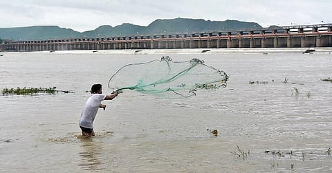 A fisherman casts his net in River Krishna. (File photo| EPS/P RAVINDRA BABU)