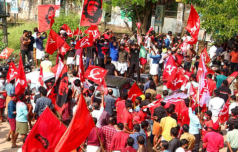 LDF workers celebrating infront of counting station at Koyilandy in Kozhikode. (Photo | TP Sooraj, EPS)