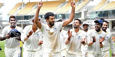 Tamil Nadu spinner Rahil Shah accepting accolades from his team-mates after leading his team to victoy in the first Ranji Trophy match against Baroda in 2016. (Photo | D Sampath Kumar, EPS)