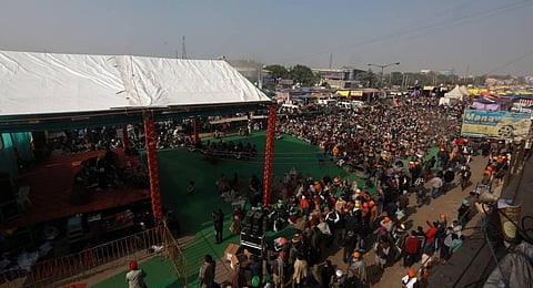 Farmers during their protest against the new farm laws at Singhu border in New Delhi on Thursday. (Photo | Shekhar Yadav/EPS)