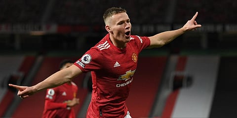 Manchester United's Scott McTominay celebrates his side's second goal during an EPL match against Leeds United at the Old Trafford Stadium. (Photo | AP)