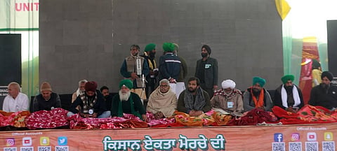 Farmer leaders during their ongoing agitation against the new farm laws at Singhu border in New Delhi on Tuesday. (Photo | Shekhar Yadav/EPS)