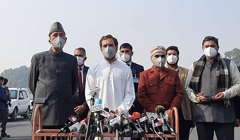 Congress leader Rahul Gandhi addresses the media after meeting with President Ram Nath Kovind in New Delhi on Thursday. (Photo | Shekhar Yadav/EPS)