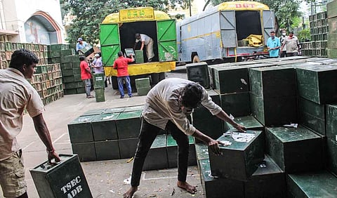 Workers arrange ballot boxes in Hyderabad. (File Photo | Ashwin Prasath, EPS)
