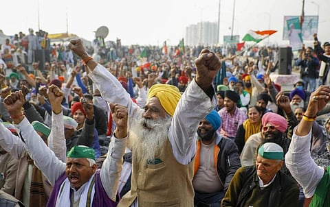 Farmers during the protest against Farm bill's at Ghazipur in New Delhi. (File Photo | PTI)