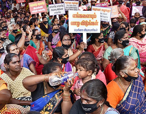 Vendors on Marina beach who have been doing business for around 40 years protesting due to fears that it may be the end of the road for them (Express | P Jawahar)