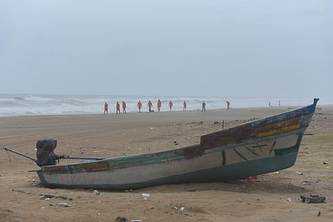National disaster response force making a surveillance at marina beach ahead of cyclone Burevi, in Chennai on Thursday. (Photo | R Satish Babu, EPS)