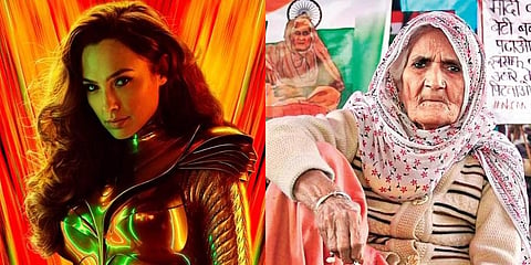Gal Gadot in and as' Wonder Woman 1984' (L) and Shaheen Bagh's Bilkis Bano (R) (Photo | Twitter)