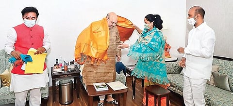 Former MP Vijayashanti greets Union Home Minsiter Amit Shah in New Delhi on Sunday. She joined BJP in the presence of Union Minister of State for Home G Kishan Reddy and BJP Telangana president Bandi