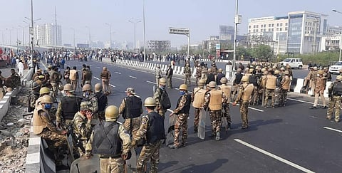 Rapid Reation force alert at Delhi-UP border during the Farmers protest against Centres new farm laws, in New Delhi on Tuesday. (Photo | Shekhar Yadav/EPS)