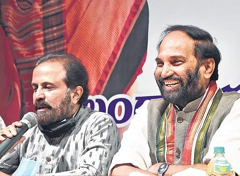 Congress leaders Uttam Kumar Reddy and Madhu Yashki Goud speak to the media at Gandhi Bhavan in Hyderabad on Tuesday | R V K Rao