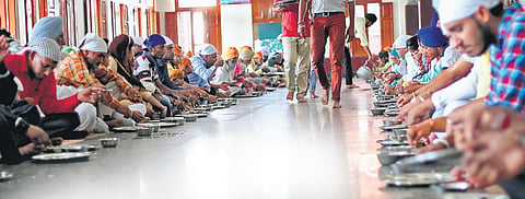 (Left) Artwork from The Khanuja Family Collection; Langar hall, Darbar Sahib, Amritsar, Photograph by Suhi films
