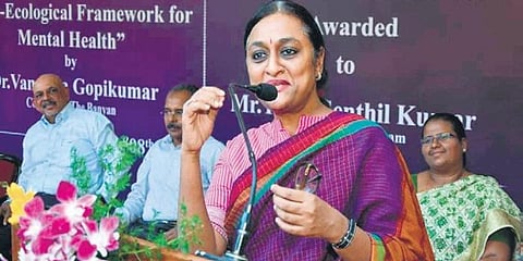 Mental Health Policy expert and professor Vandana Gopikumar speaking during the 25th Mary Clubwala Jadhav Endowment Lectures at Madras School of Social Work in Chennai on Saturday. (Photo | Special Arrangement)