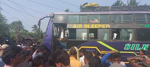 The ill-fated bus that came in contact with a live 11 KV electric wire in Rangeilunda area in Ganjam district. (Photo | Express)