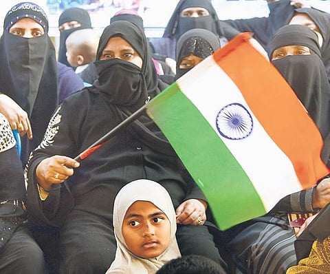 Womens’ groups stage a protest against near Billal Masjid on Tannery Road in Bengaluru on Tuesday | vinod kumar t