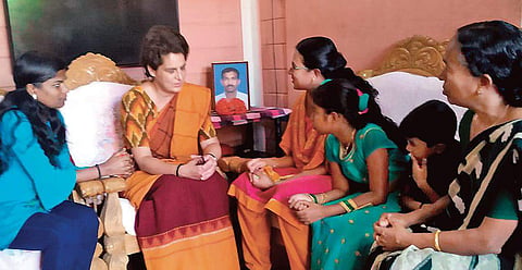 Priyanka Gandhi Vadra interacting with family members of CRPF jawan Vasantha Kumar, a martyr of Pulwama attack, in Wayanad in 2019, shortly after the incident. (Photo | Express)