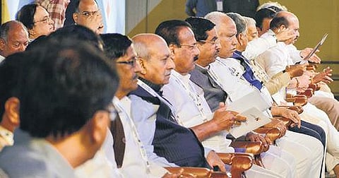 Chief Minister B S Yediyurappa and others at the Invest Karnataka meet held in Hubballi on Friday | D Hemanth