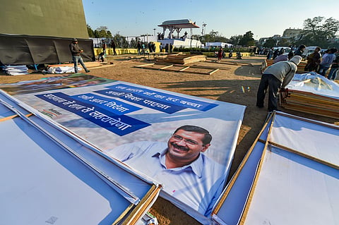 Preparation underway at Ramlila Maidan ahead of the oath-taking ceremony of Aam Aadmi Party government in New Delhi Saturday Feb. 15 2020. (Photo | PTI)