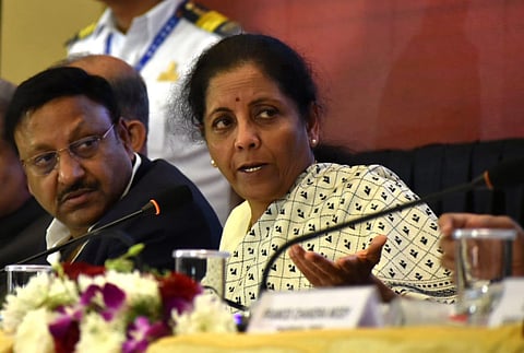 Finance Minister, Nirmala Sitharaman addressing during the press meet on Union Budget 2020 in Hyderabad on Sunday.(Photo | EPS/S Senbagapandiyan)