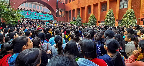 Students stage a protest against the alleged molestation of students by a group of men who had gatecrashed a cultural festival at Gargi College in New Delhi Monday Feb. 10 2020. (Photo | PTI)
