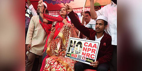 The couple M Shahensha and S Sumaya read out the constitution of India and said that they were against the Citizenship Amendment Act. (Photo | EPS)