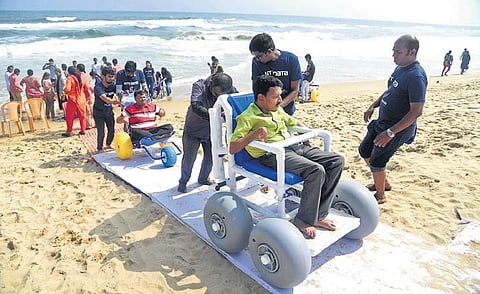 File picture of physically challenged person using ramp to enter Marina Beach | Express