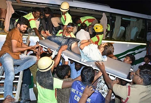 20 people were killed when the KSRTC Volvo bus in which they were travelling from Bangalore to Ernakulam collided with a container lorry at Avinashi near Coimbatore . Around 23 persons were injured in the accident. (Photo by special arrangement)